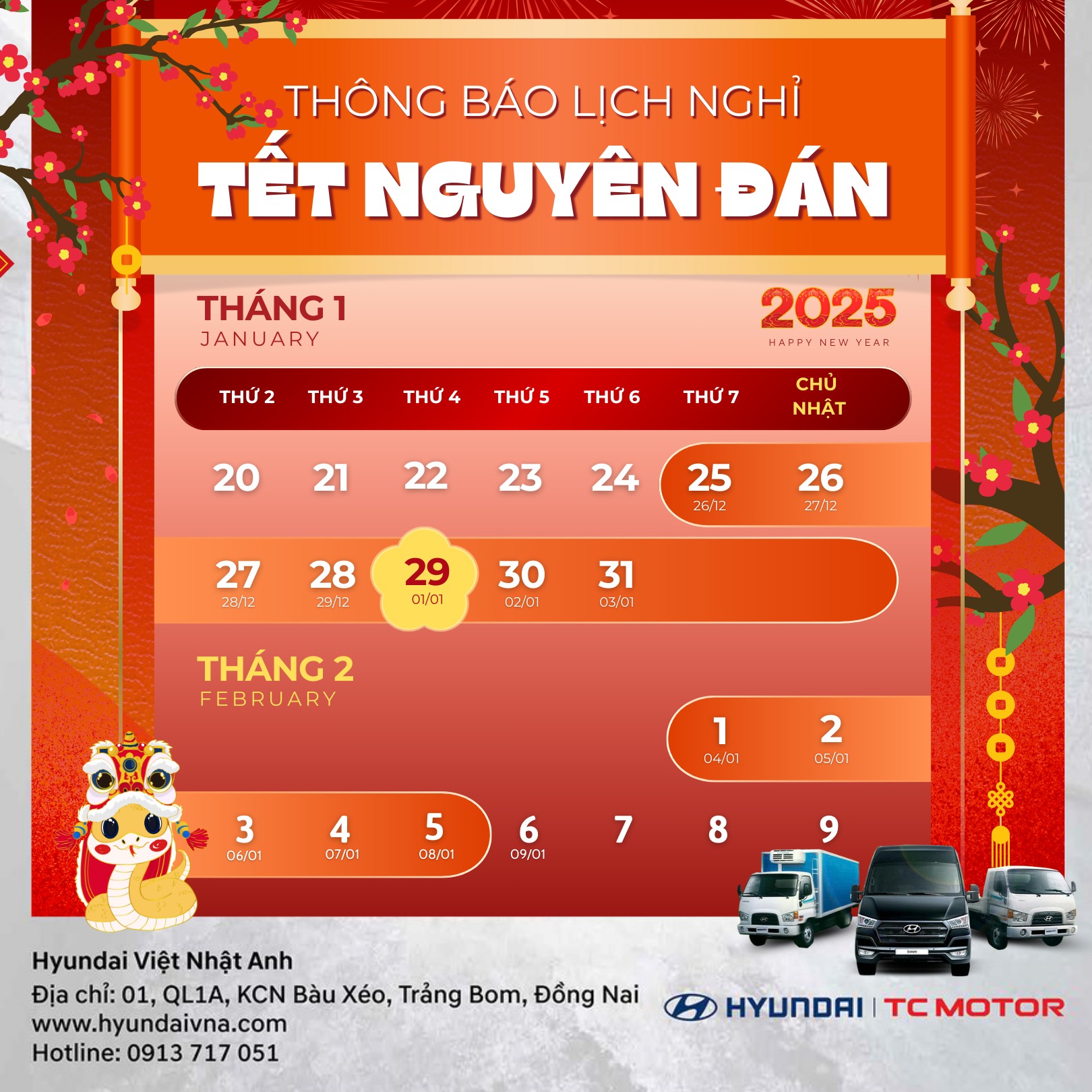 Lịch nghỉ Tết Nguyên Đán 2025 Hyundai Việt Nhật Anh